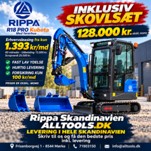 Rippa R18 Pro minigraver med lukket kabine. Annonceret til 128.000 kr. ekskl. moms hos Alltools.dk.